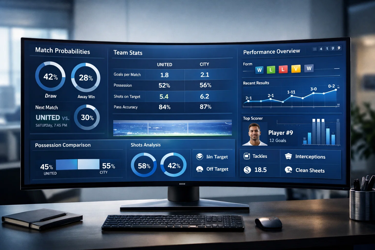 Modernes Analyse-Dashboard mit Spielwahrscheinlichkeiten und Statistiken