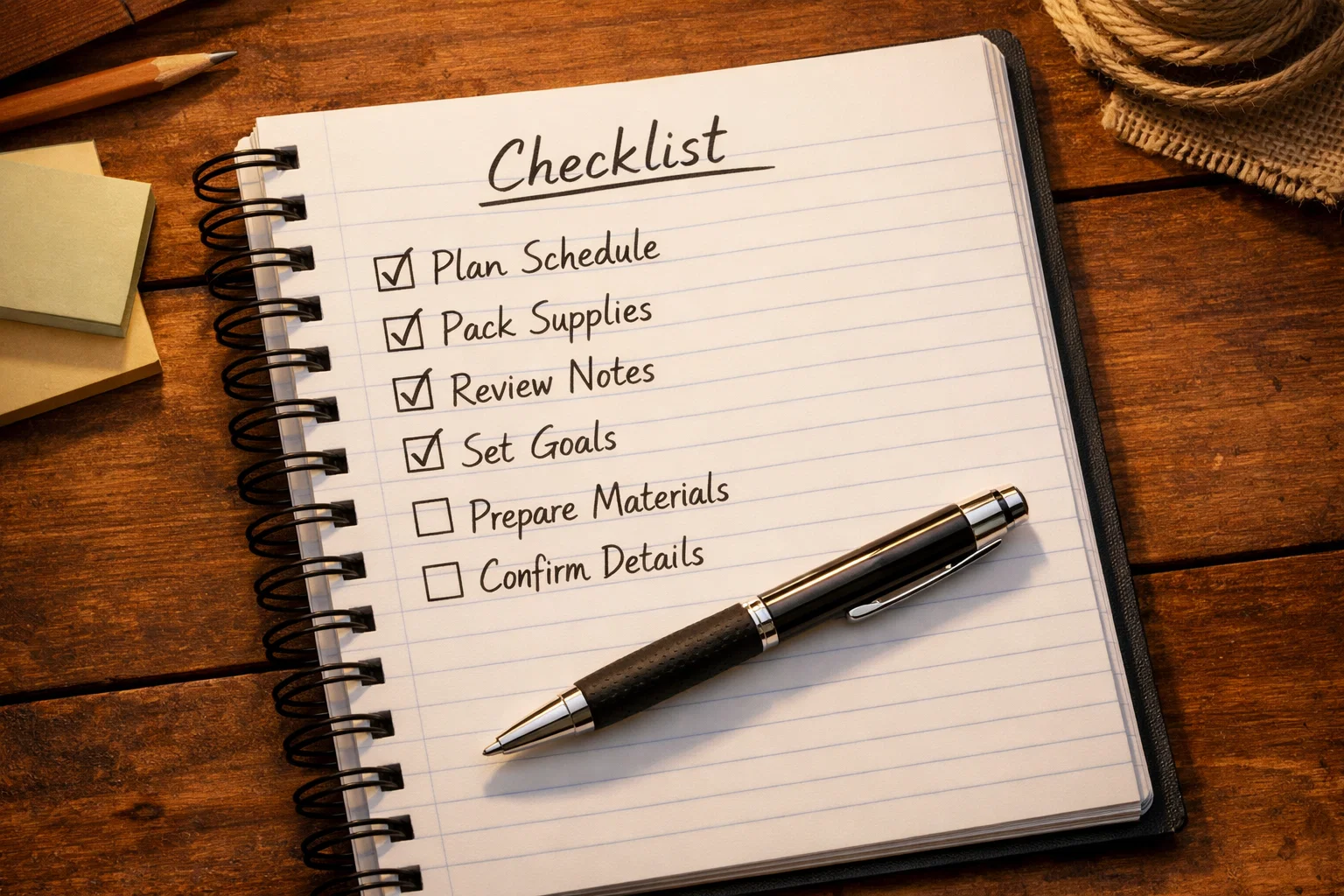 Aufgeschlagenes Notizbuch mit handgeschriebener Checkliste und Kugelschreiber auf einem Tisch