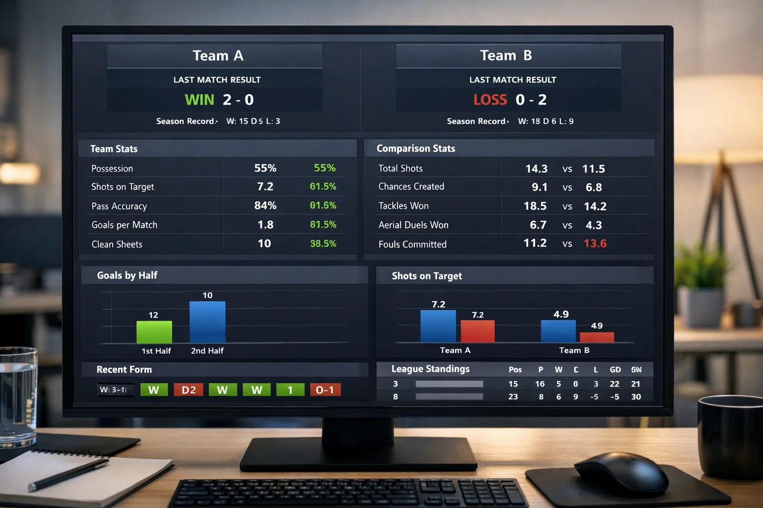 Bildschirm mit Fußballstatistiken und Diagrammen in einer Analysesoftware