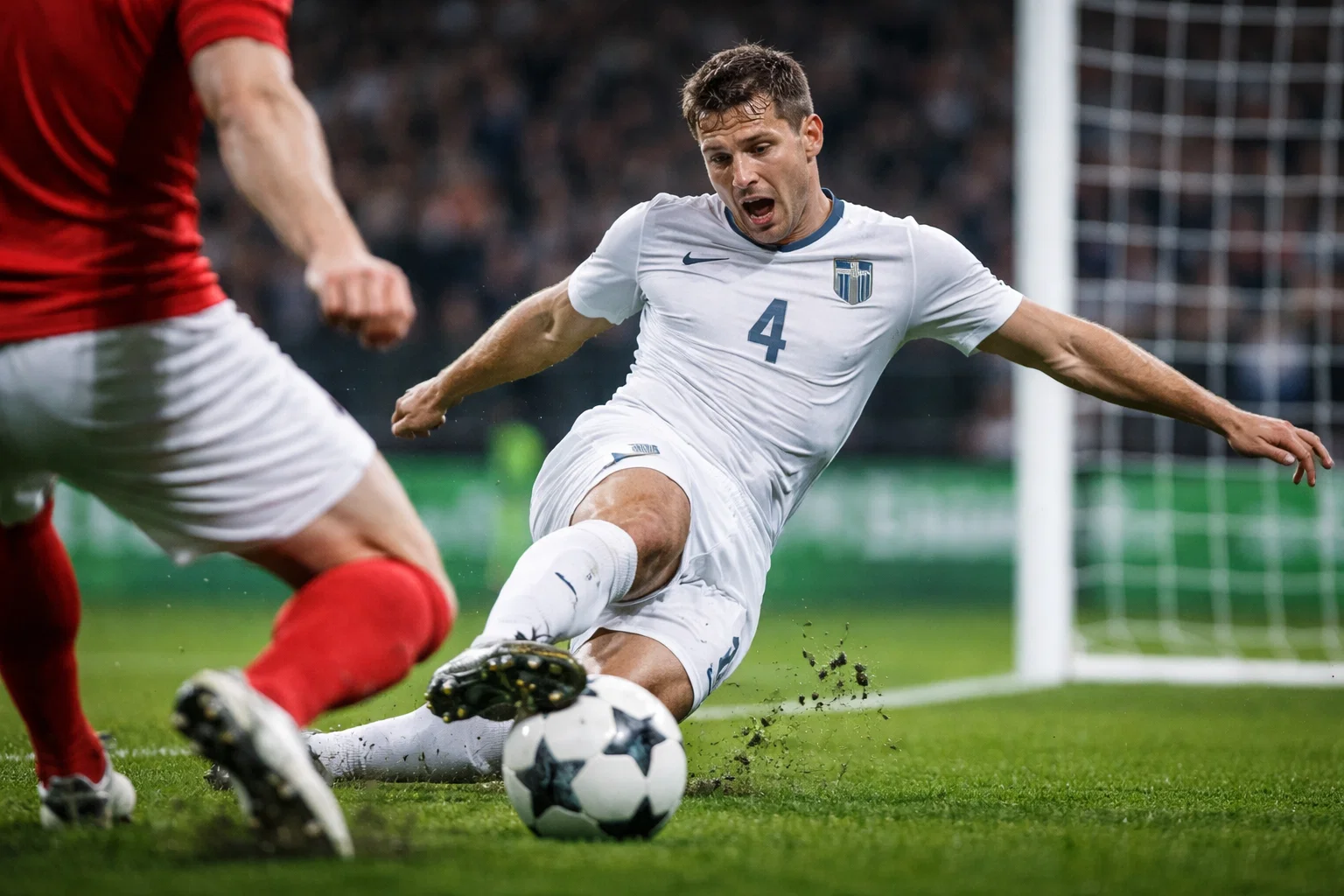 Defensivspieler blockt einen Schuss im Strafraum während eines Bundesliga-Spiels