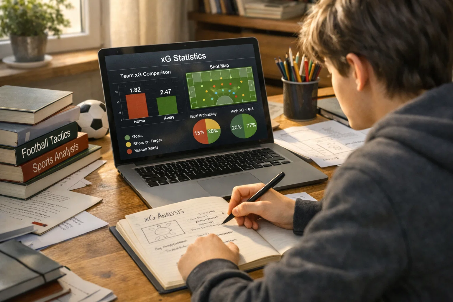 Person studiert Fußballstatistiken mit Notizen und Laptop