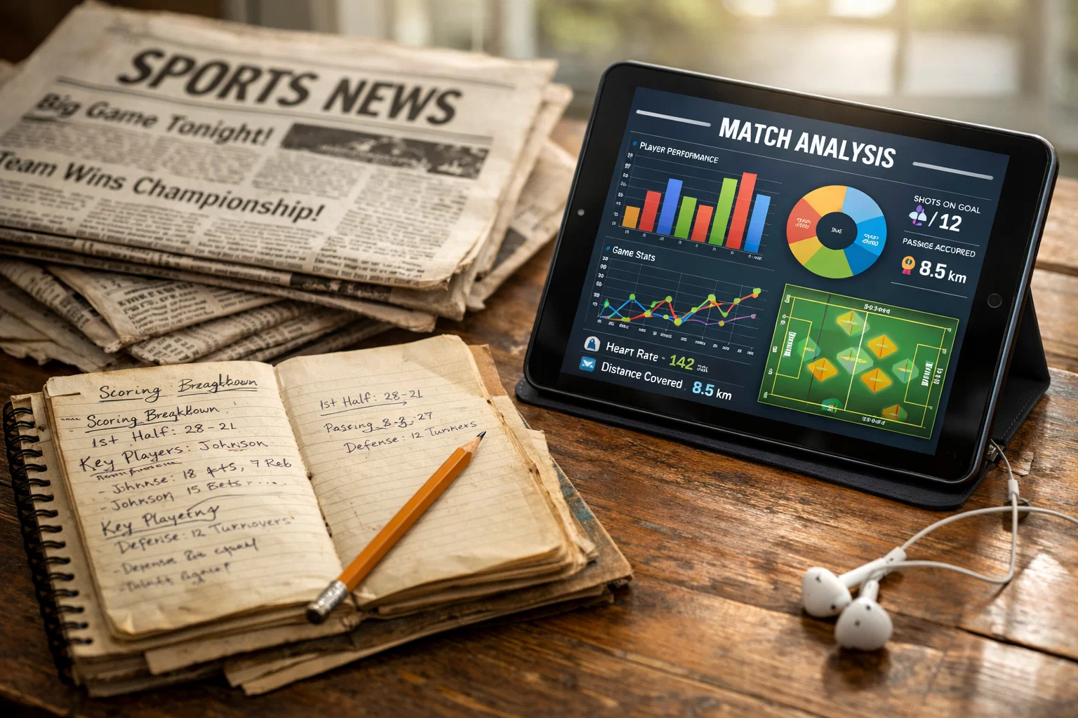 Alte Zeitungen und Notizblock neben modernem Tablet mit Statistiken