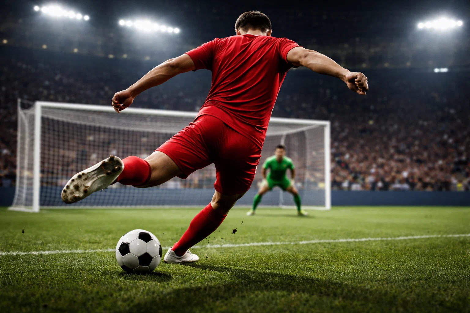 Fußballspieler schießt auf das Tor aus kurzer Distanz im Strafraum