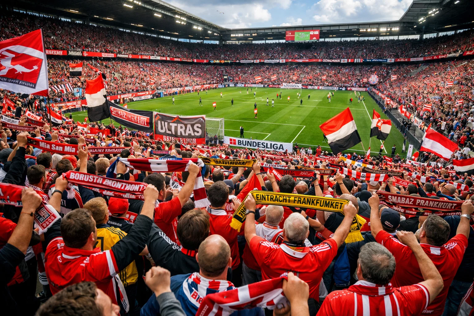 Begeisterte Fans auf der Tribüne eines Bundesliga-Stadions