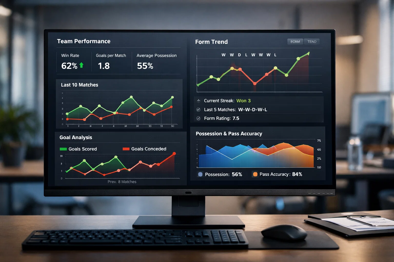 Bildschirm zeigt Formkurven und Leistungsdaten einer Mannschaft