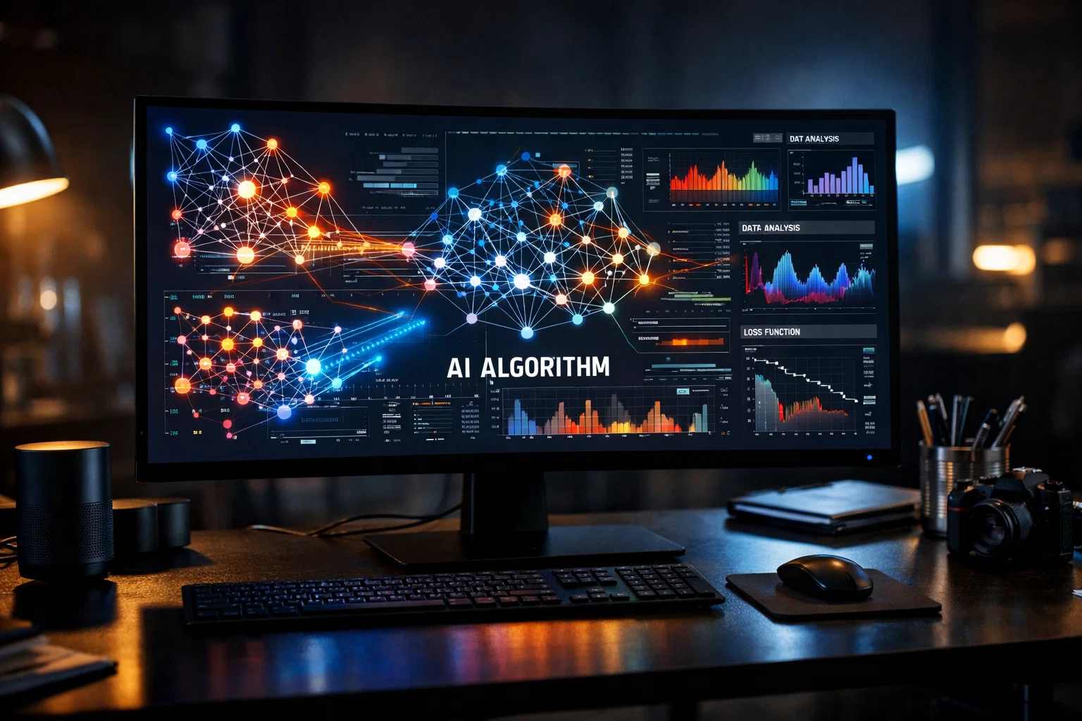 Komplexe Datenvisualisierung eines KI-Algorithmus auf einem Monitor