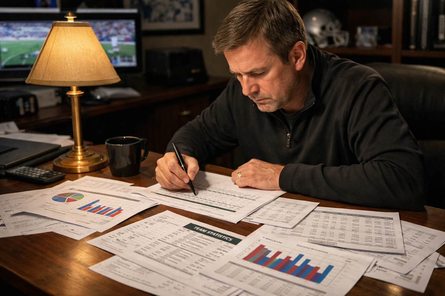 Analyst studiert statistische Auswertungen am Schreibtisch