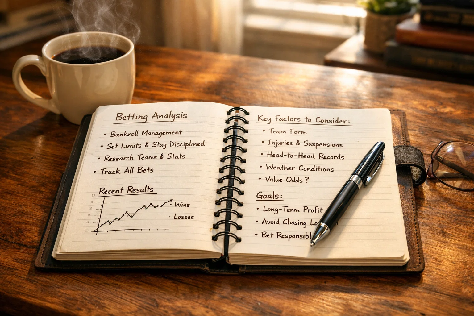 Notizbuch mit handschriftlichen Wettanalysen neben einer Tasse Kaffee