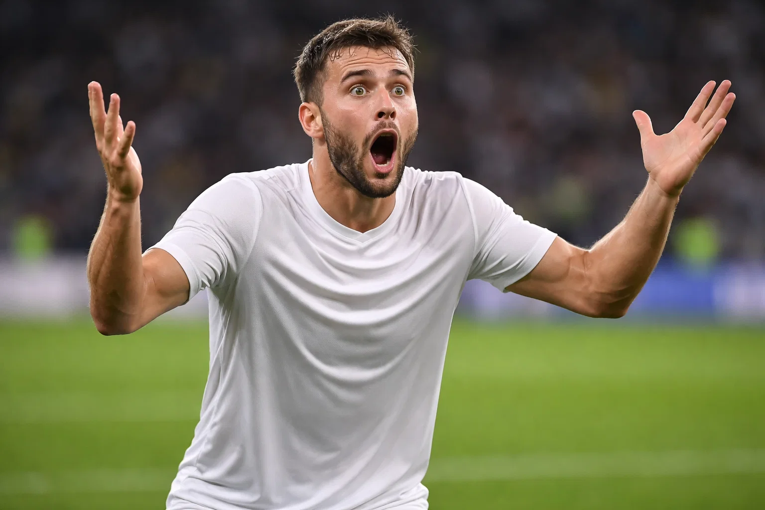 Fußballspieler reagiert überrascht auf eine unerwartete Spielsituation auf dem Platz