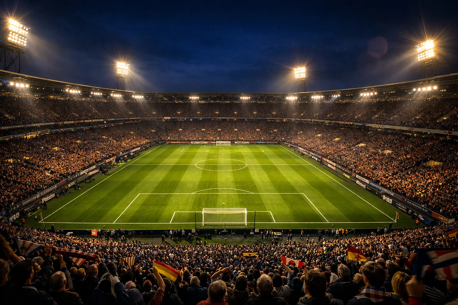 Bundesliga-Stadion bei Flutlicht mit Analyse-Overlay