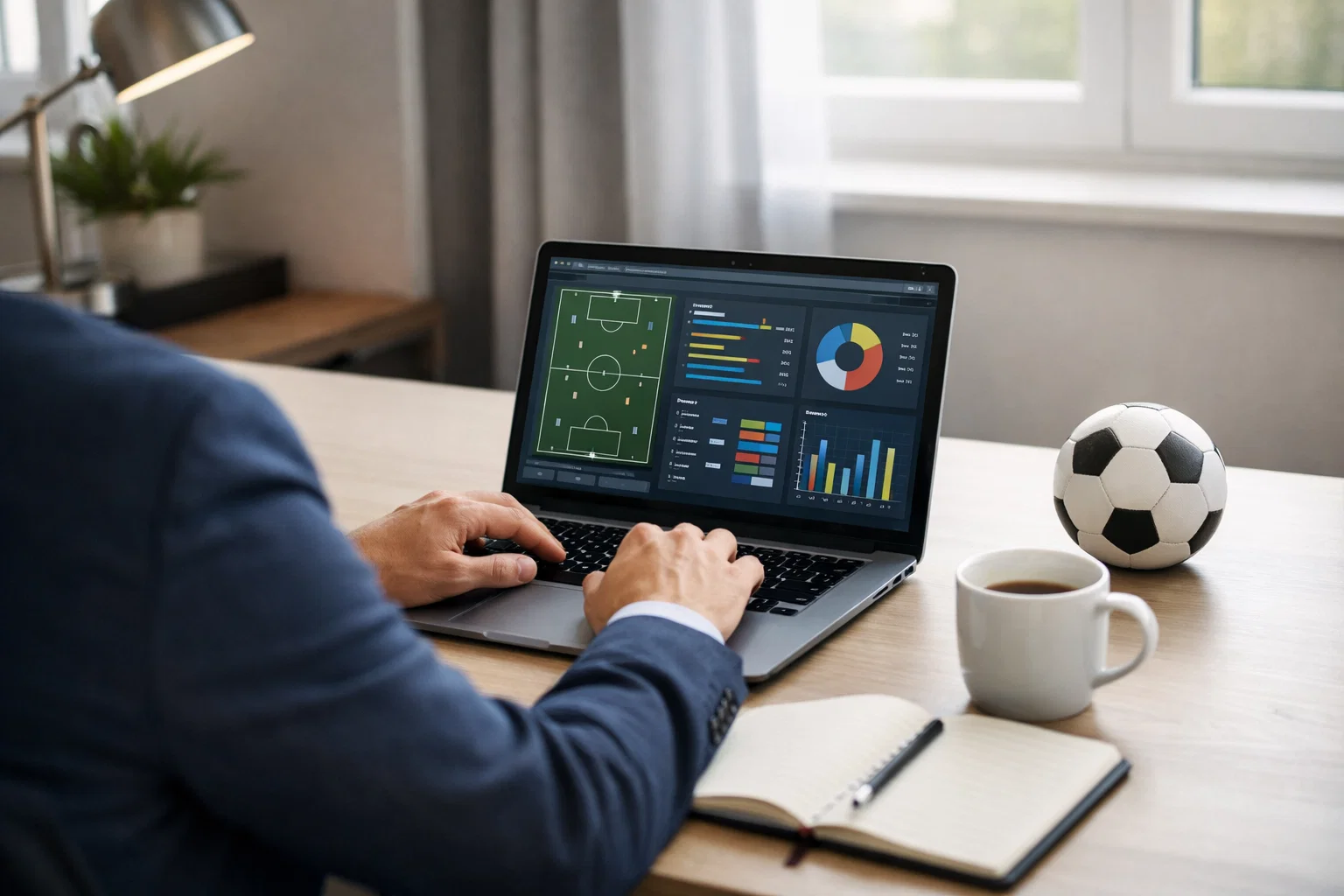 Datenanalyst arbeitet am Laptop mit Fußballstatistiken