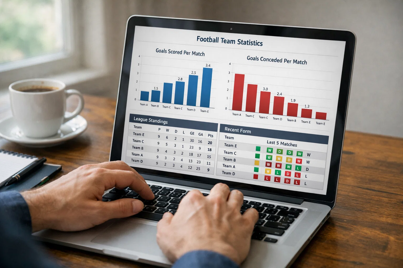 Person analysiert Fußballstatistiken auf einem Laptop mit Diagrammen und Tabellen