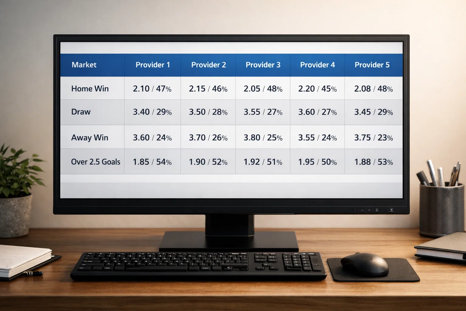 Bildschirm zeigt Quotenvergleich verschiedener Wettanbieter nebeneinander