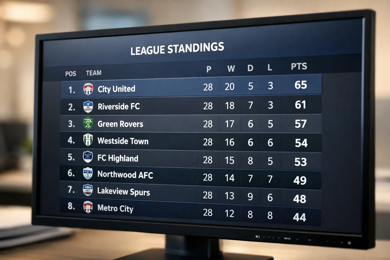 Fußballtabelle auf einem Bildschirm zeigt die oberen Platzierungen