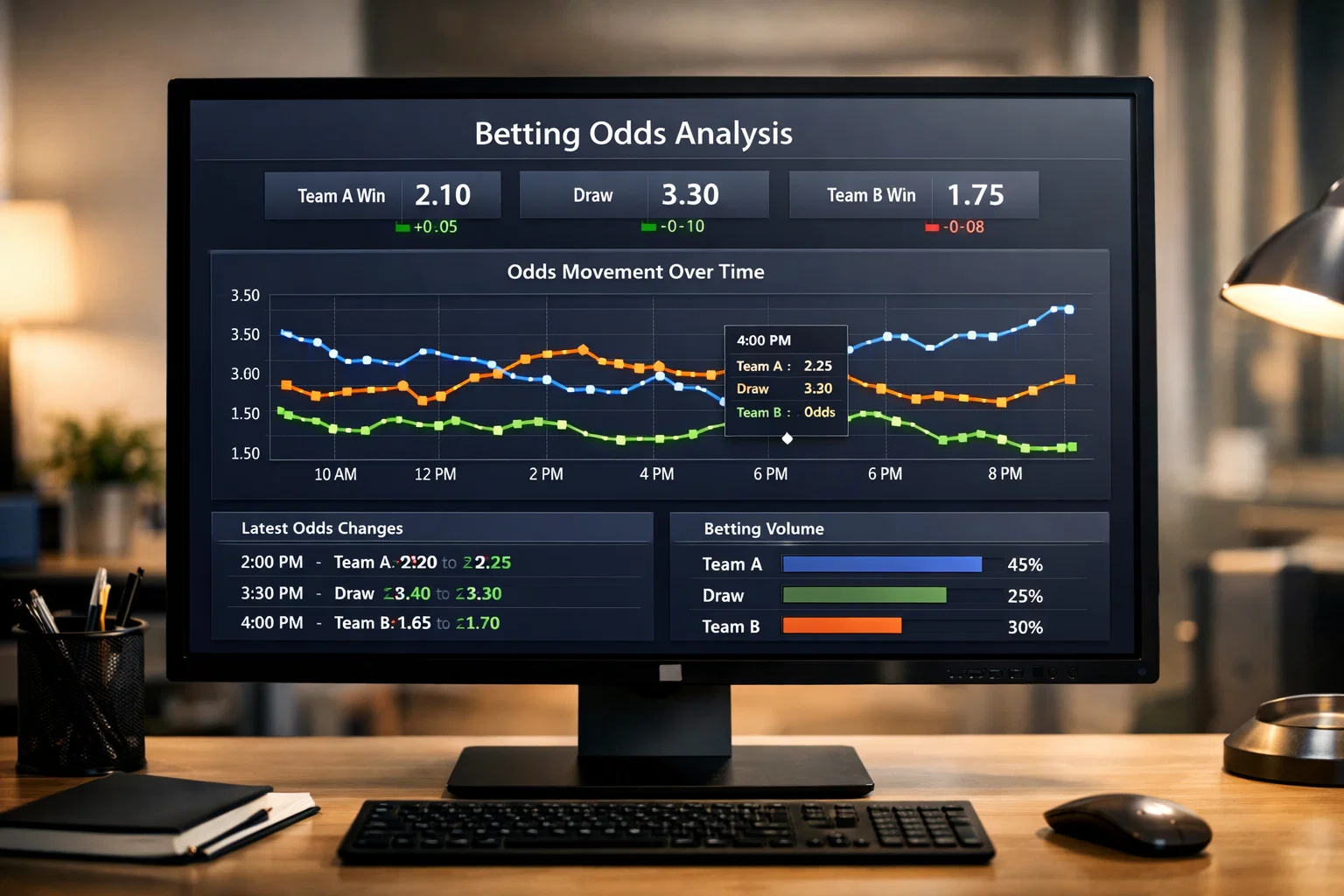 Bildschirm zeigt Wettquoten und deren Entwicklung über Zeit
