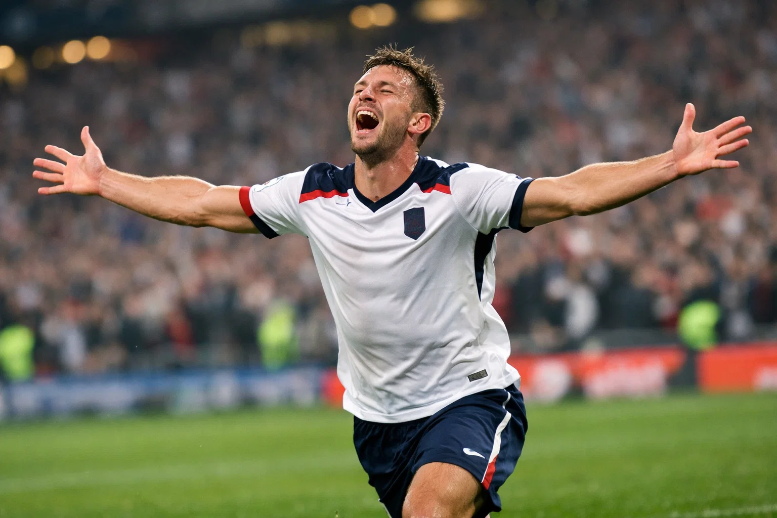 Stürmer jubelt nach einem Tor mit ausgebreiteten Armen