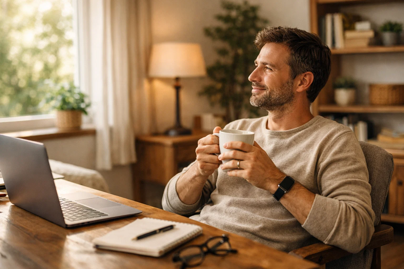 Person macht eine entspannte Pause vom Bildschirm mit Kaffeetasse