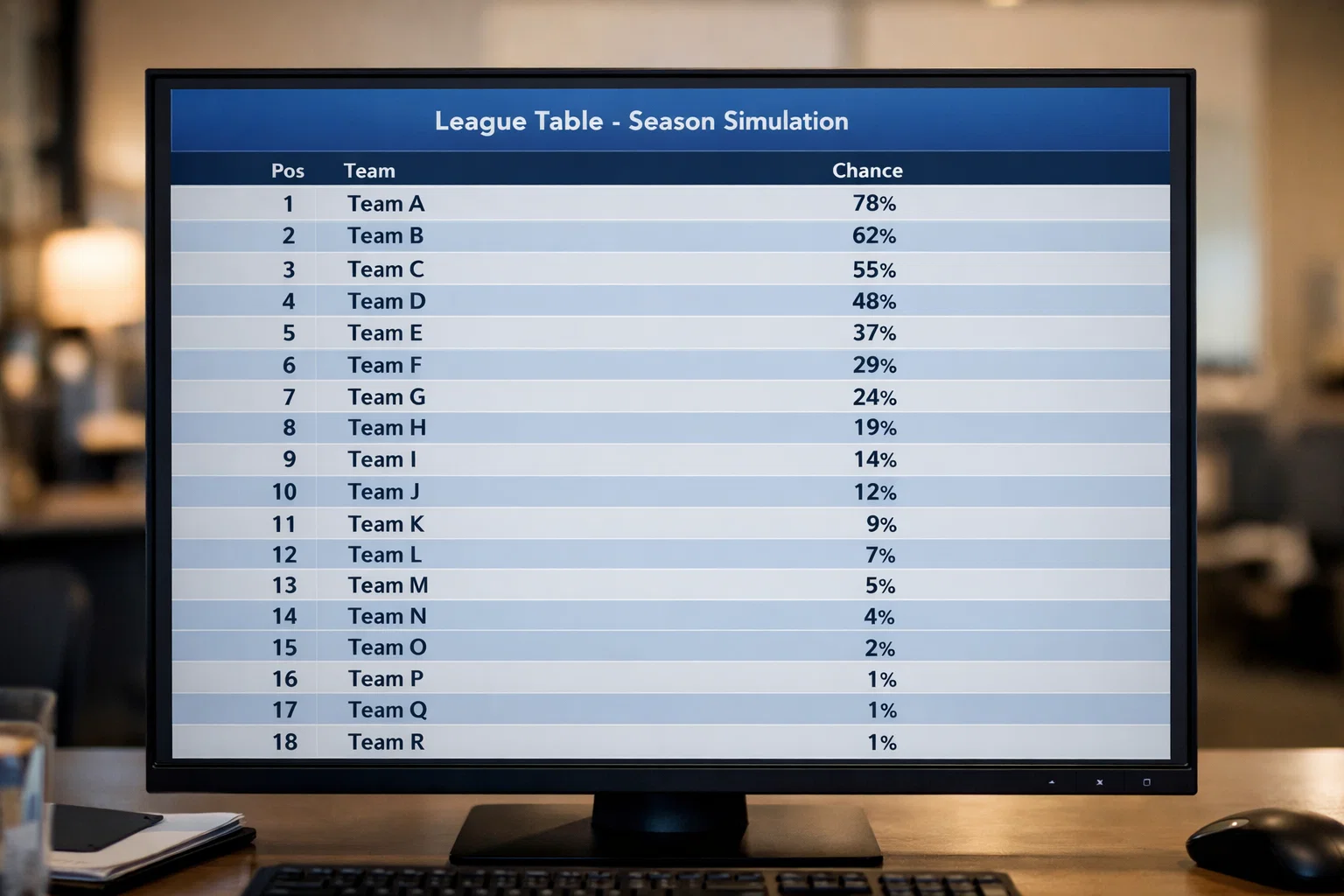 Bildschirm zeigt simulierte Bundesliga-Tabelle mit Wahrscheinlichkeiten in Prozent