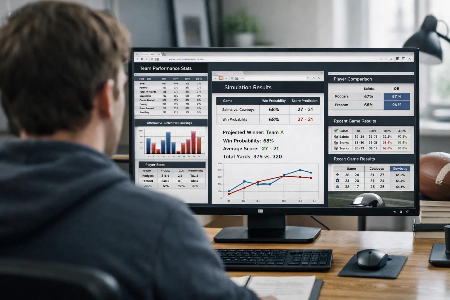 Person analysiert Simulationsergebnisse und Fußballstatistiken auf einem großen Monitor