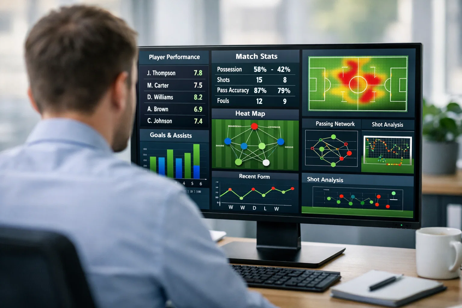 Analyst betrachtet Fußballdaten und Statistiken auf einem Monitor