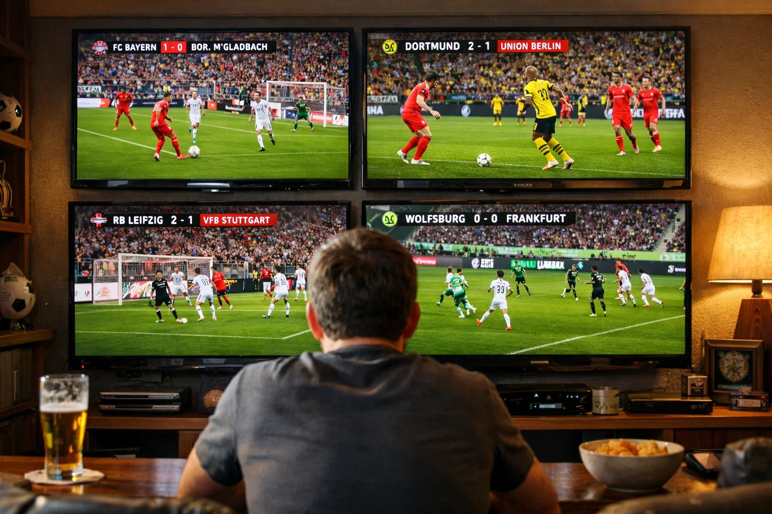 Mehrere Fußballspiele laufen gleichzeitig auf verschiedenen Bildschirmen