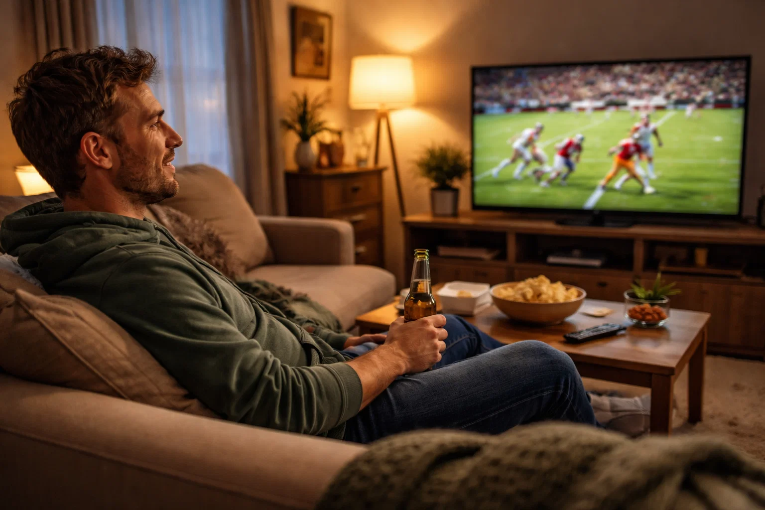 Person genießt entspannt ein Fußballspiel im Wohnzimmer