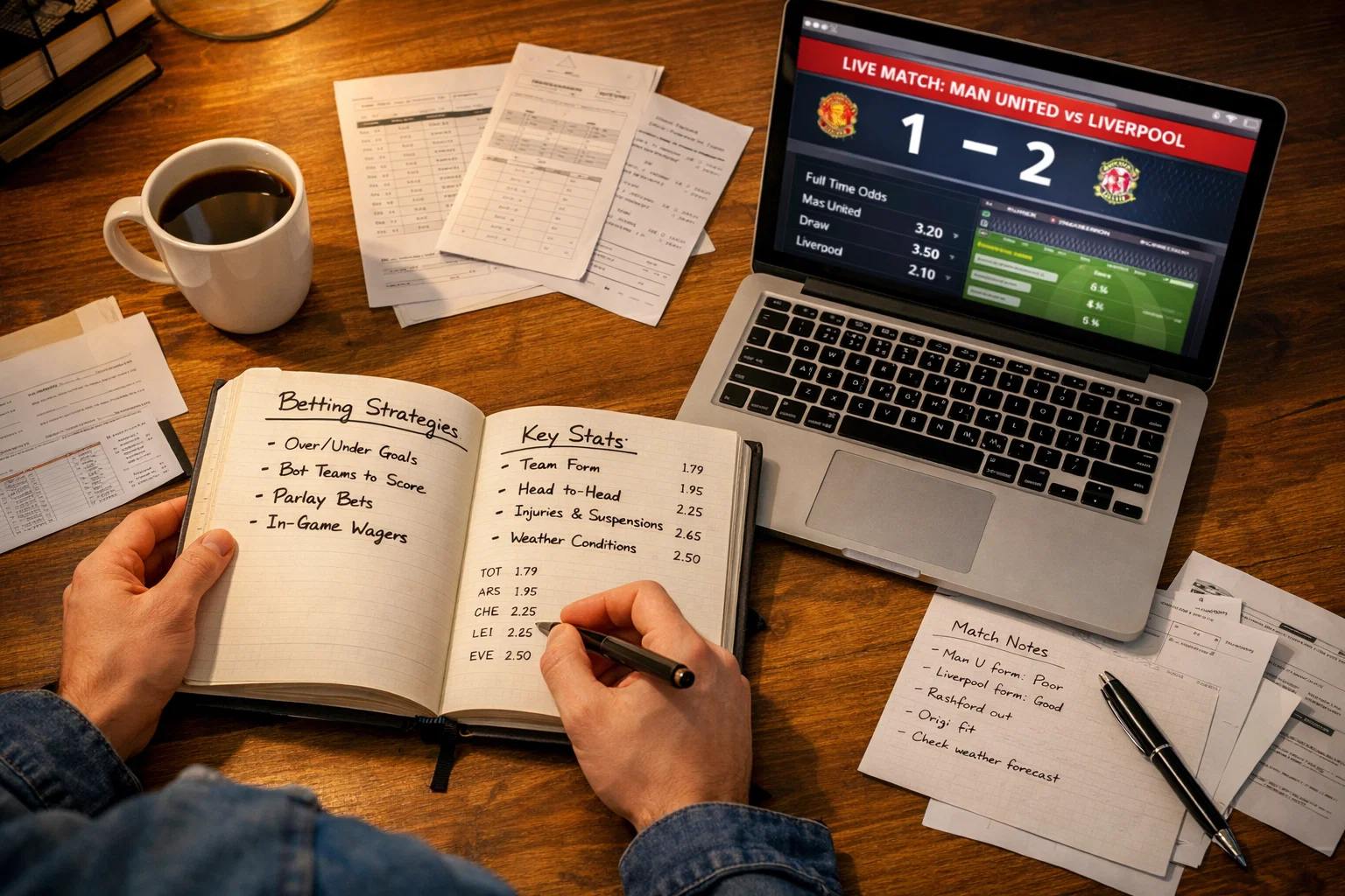 Person analysiert Wettstrategien mit Notizen und Laptop