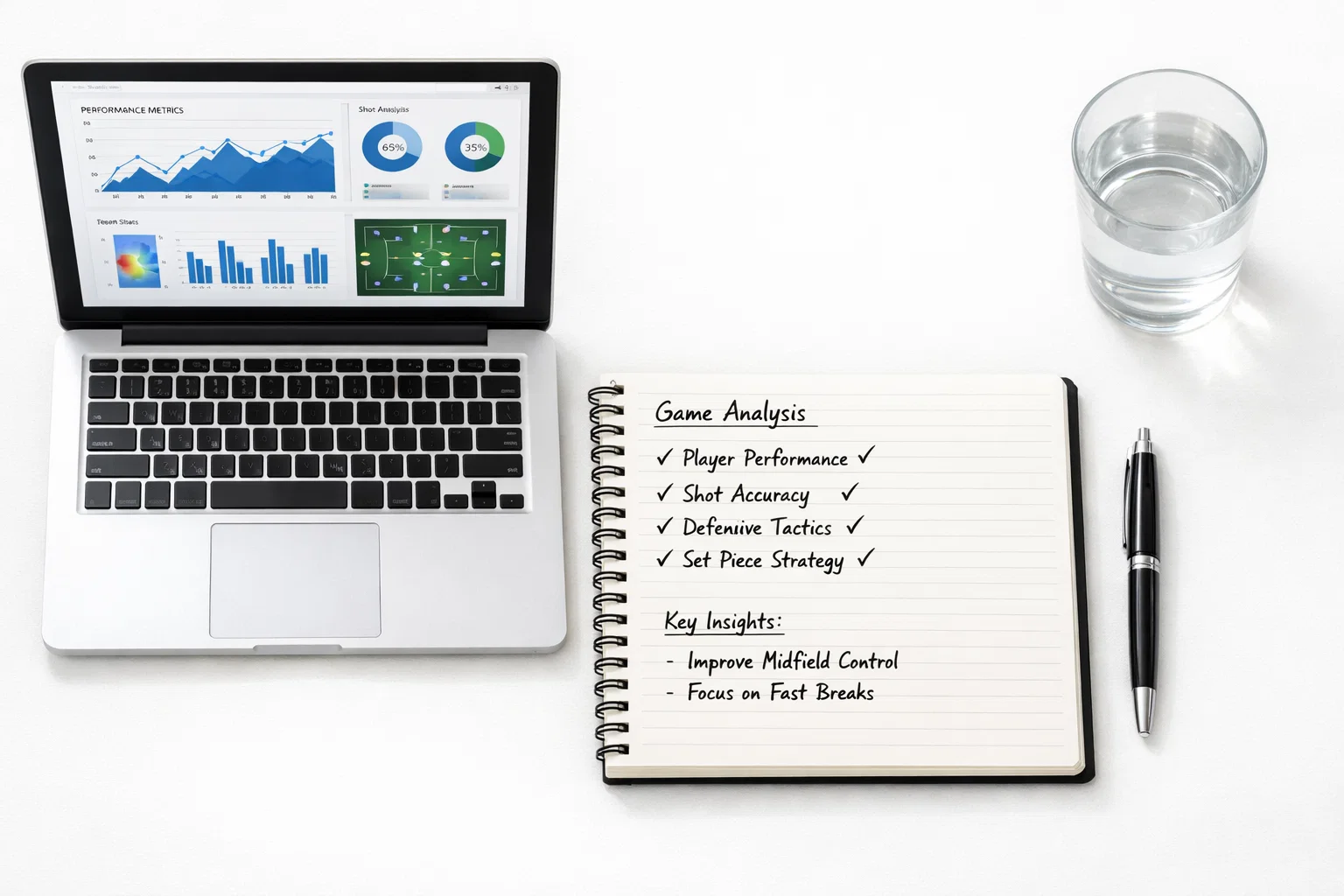 Aufgeräumter Schreibtisch mit Notizbuch und Laptop für systematische Analyse