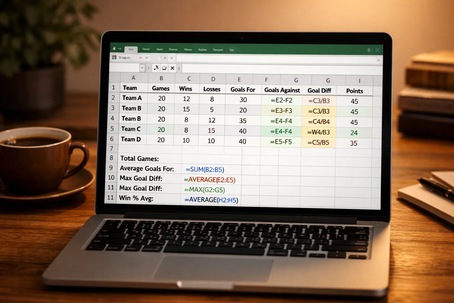 Laptop mit geöffneter Tabellenkalkulation zeigt Formeln und Berechnungen für Fußballstatistik