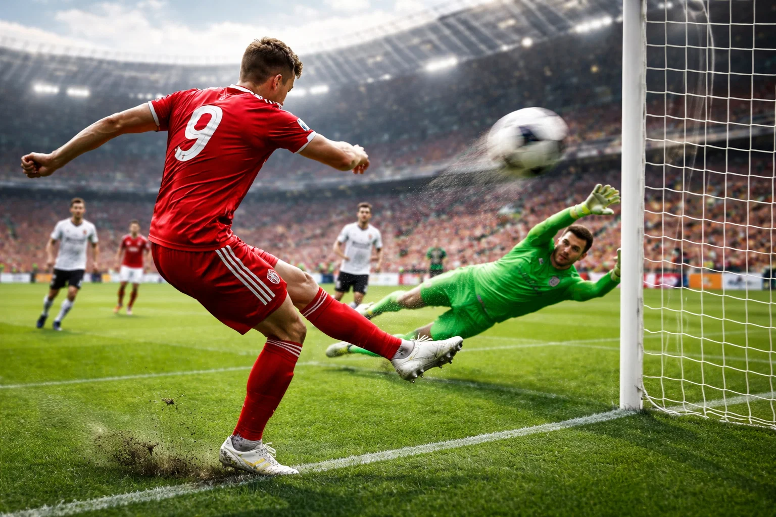 Bundesliga-Spieler in Aktion vor dem Tor bei einem Torschuss