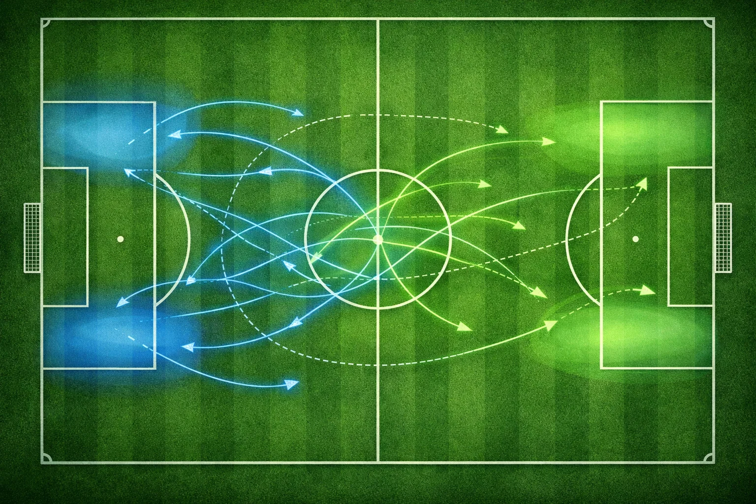 Fußballfeld mit taktischen Positionen und Laufwegen