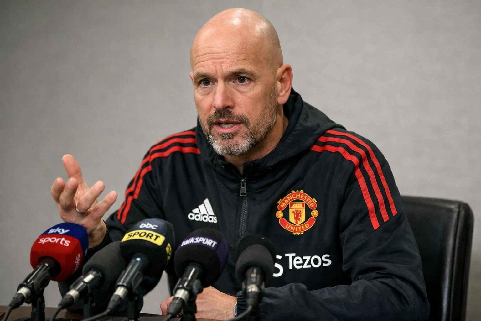 Fußballtrainer spricht auf einer Pressekonferenz vor Mikrofonen