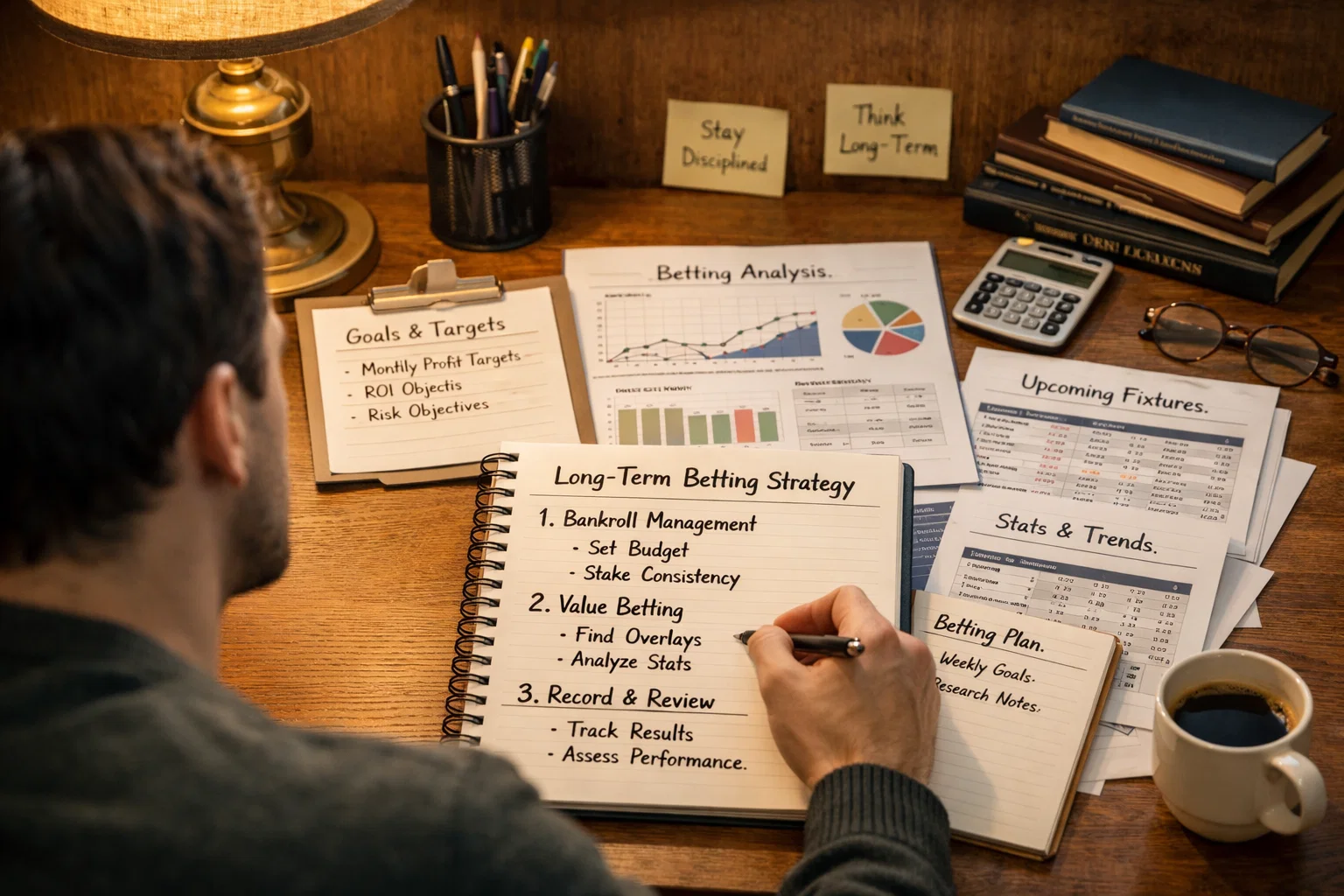 Person plant Wettstrategie mit Notizen und strukturiertem Ansatz