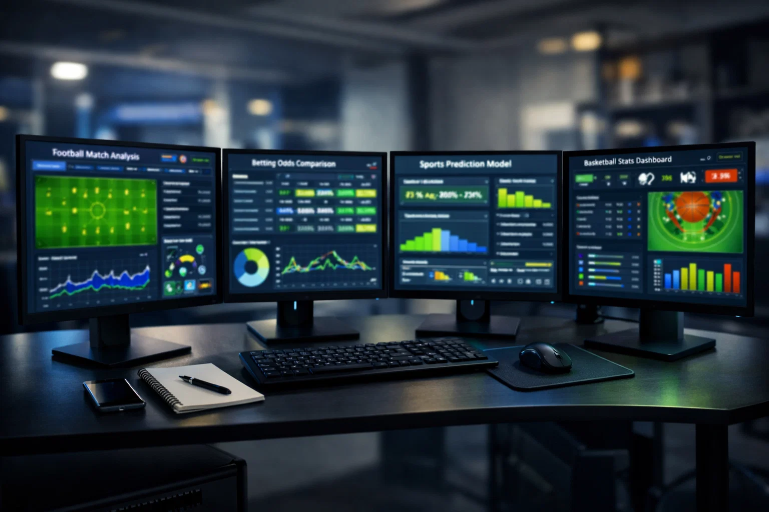 Mehrere Monitore zeigen verschiedene KI-Prognose-Tools nebeneinander