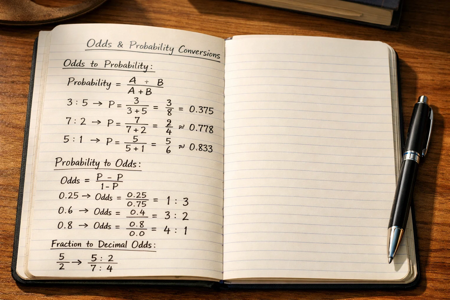 Notizbuch mit mathematischen Berechnungen zu Quoten und Wahrscheinlichkeiten