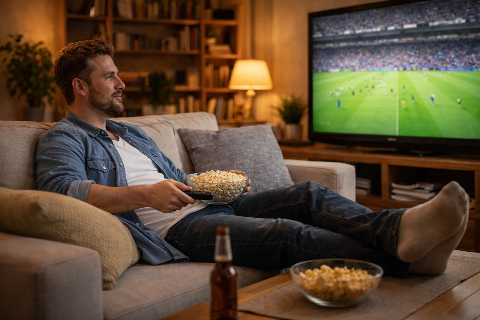 Person genießt entspannt ein Fußballspiel mit ausgewogenem Ansatz