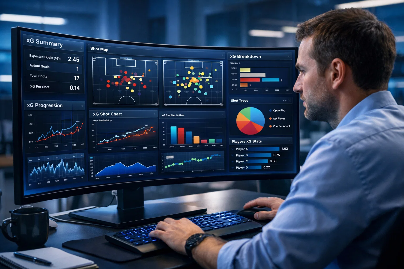 Analyst betrachtet komplexe Datenvisualisierung auf großem Bildschirm
